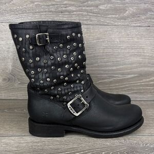 Frye Jenner Cut Black Leather Women’s Sz 7.5B Studded Short Buckle Moto Boots